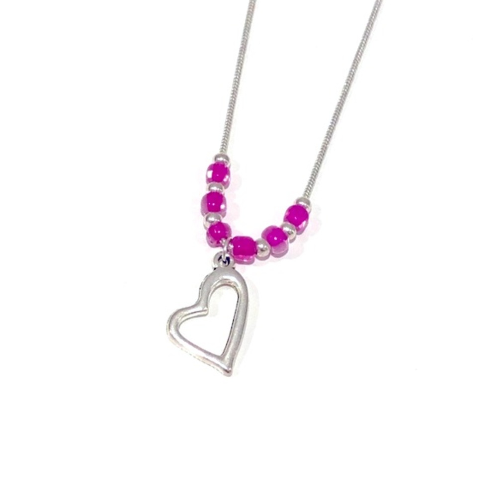 Magenta Beaded Silver Heart Pendant Necklace